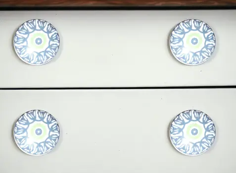 Set of Eight Light Blue And White Ceramic And Metal Drawer Pull Knobs