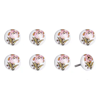 Set of Eight Yellow And White Ceramic And Metal Drawer Pull Knobs