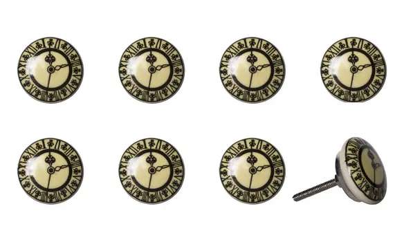 Set of Eight Black And Off White Ceramic And Metal Drawer Pull Knobs