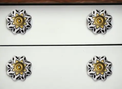 Set of Eight Black And Yellow Ceramic And Metal Drawer Pull Knobs
