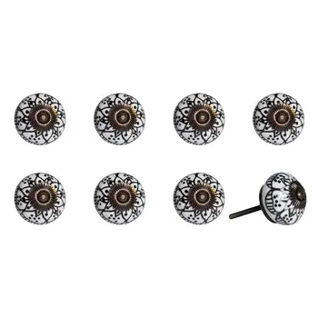 Set of Eight Black And White Ceramic And Metal Drawer Pull Knobs