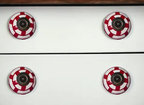 Set of Eight White And Red Ceramic And Metal Drawer Pull Knobs