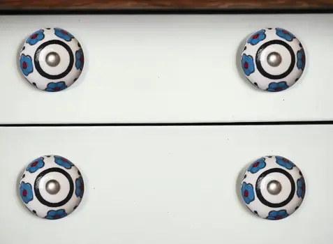 Set of Eight Blue And White Ceramic And Metal Drawer Pull Knobs