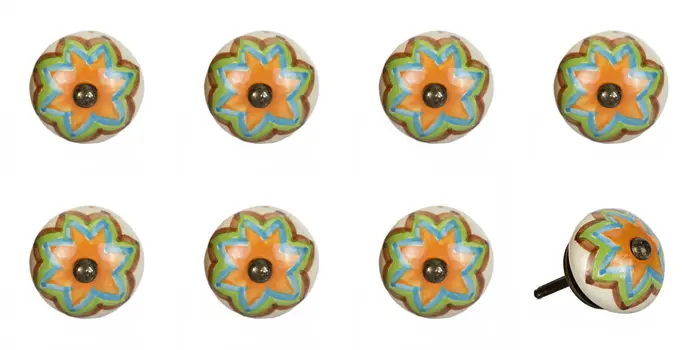 Set of Eight Blue And Orange Ceramic And Metal Drawer Pull Knobs