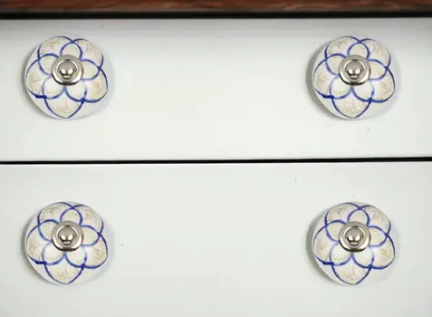 Set of Eight Blue And Cream Ceramic And Metal Drawer Pull Knobs