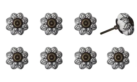 Set of Eight Black And White Ceramic And Metal Drawer Pull Knobs
