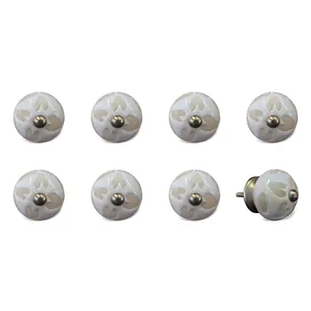 Set of Eight Beige And White Ceramic And Metal Drawer Pull Knobs