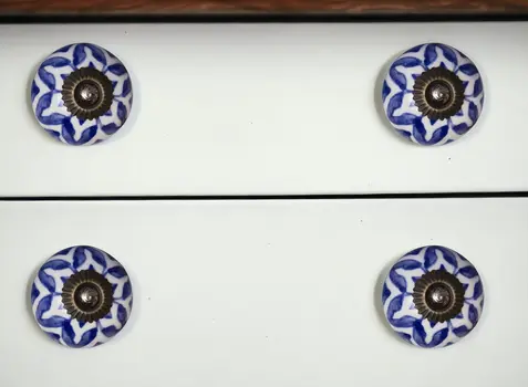 Set of Eight Blue And White Ceramic And Metal Drawer Pull Knobs