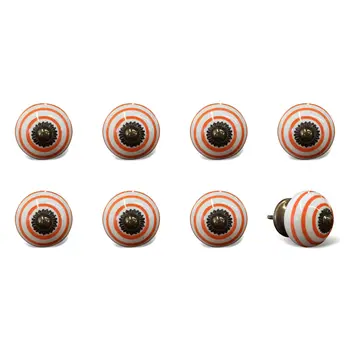 Set of Eight Orange And White Ceramic And Metal Drawer Pull Knobs
