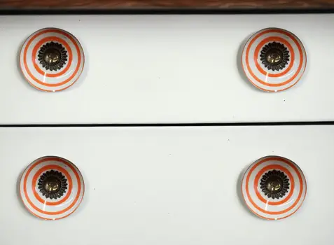Set of Eight Orange And White Ceramic And Metal Drawer Pull Knobs
