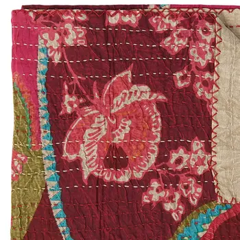 50" X 70" Red Floral Cotton Quilted Kantha Throw Blanket with Embroidery