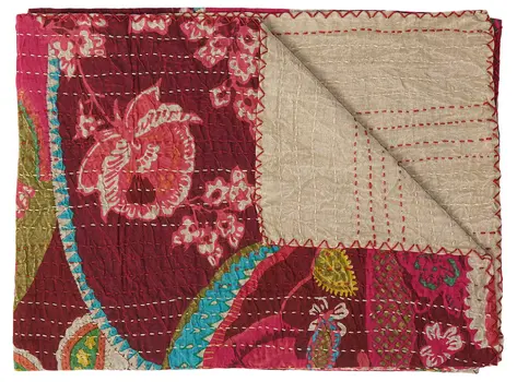 50" X 70" Red Floral Cotton Quilted Kantha Throw Blanket with Embroidery