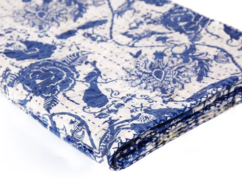 50" X 70" Blue And White Floral Cotton Quilted Kantha Throw Blanket with Embroidery