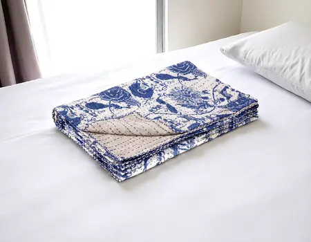 50" X 70" Blue And White Floral Cotton Quilted Kantha Throw Blanket with Embroidery
