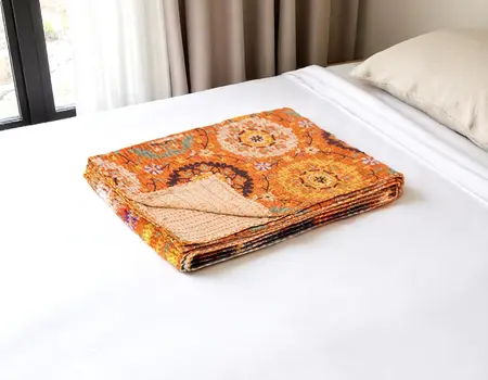 50" X 70" Orange And Yellow Floral Cotton Quilted Kantha Throw Blanket with Embroidery