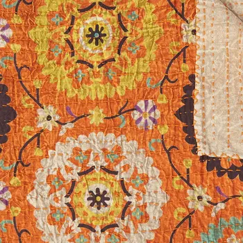 50" X 70" Orange And Yellow Floral Cotton Quilted Kantha Throw Blanket with Embroidery