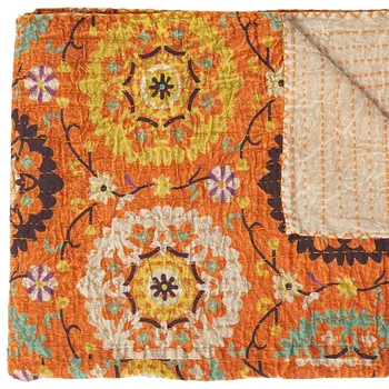 50" X 70" Orange And Yellow Floral Cotton Quilted Kantha Throw Blanket with Embroidery