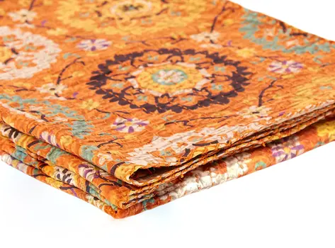 50" X 70" Orange And Yellow Floral Cotton Quilted Kantha Throw Blanket with Embroidery