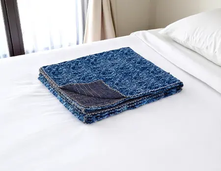 50" X 70" Blue Paisley Cotton Quilted Kantha Throw Blanket with Embroidery