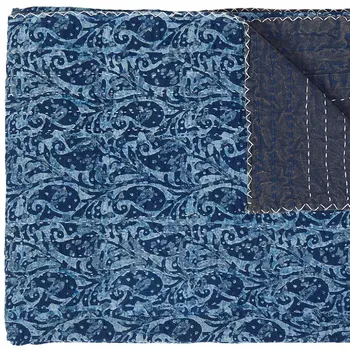 50" X 70" Blue Paisley Cotton Quilted Kantha Throw Blanket with Embroidery