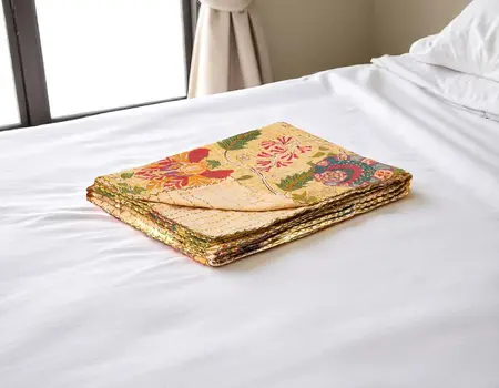 50" X 70" Yellow And Pink Floral Cotton Quilted Kantha Throw Blanket with Embroidery