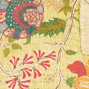 50" X 70" Yellow And Pink Floral Cotton Quilted Kantha Throw Blanket with Embroidery