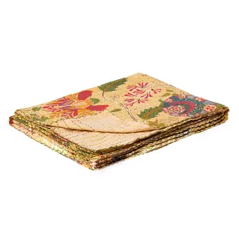 50" X 70" Yellow And Pink Floral Cotton Quilted Kantha Throw Blanket with Embroidery
