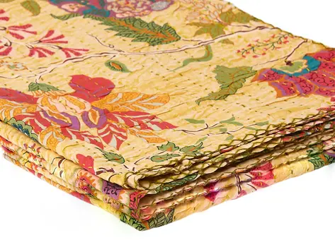 50" X 70" Yellow And Pink Floral Cotton Quilted Kantha Throw Blanket with Embroidery