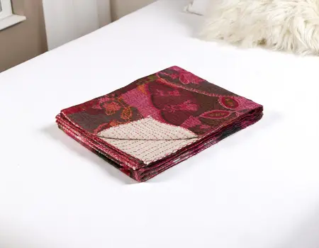 50" X 70" Pink And Red Floral Cotton Quilted Kantha Throw Blanket with Embroidery
