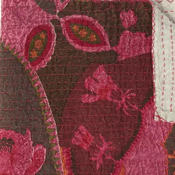 50" X 70" Pink And Red Floral Cotton Quilted Kantha Throw Blanket with Embroidery