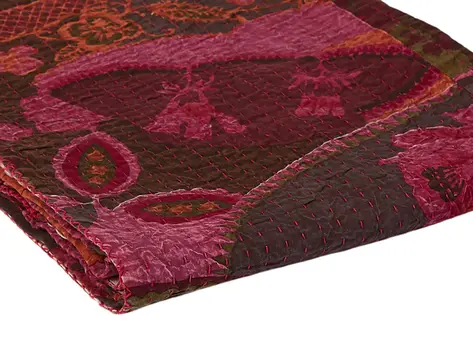 50" X 70" Pink And Red Floral Cotton Quilted Kantha Throw Blanket with Embroidery