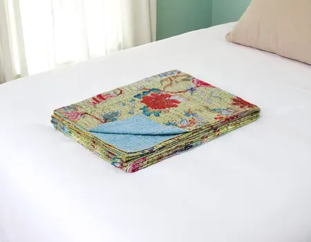 50" X 70" Green And Red Floral Cotton Quilted Kantha Throw Blanket with Embroidery