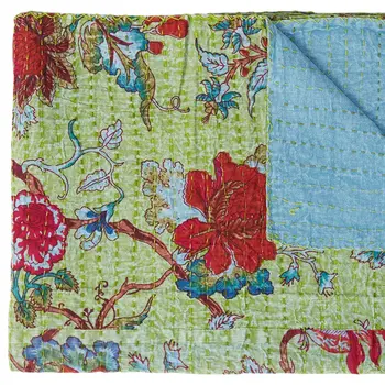 50" X 70" Green And Red Floral Cotton Quilted Kantha Throw Blanket with Embroidery