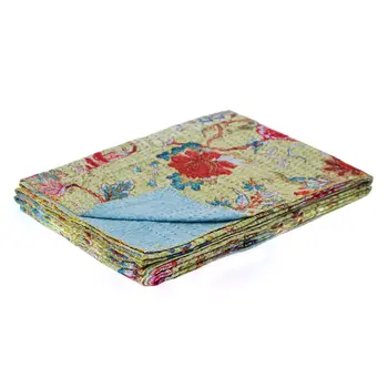 50" X 70" Green And Red Floral Cotton Quilted Kantha Throw Blanket with Embroidery