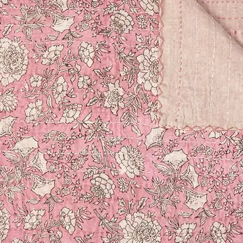 50" X 70" Pink And Blush Floral Cotton Quilted Kantha Throw Blanket with Embroidery