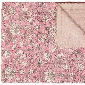 50" X 70" Pink And Blush Floral Cotton Quilted Kantha Throw Blanket with Embroidery