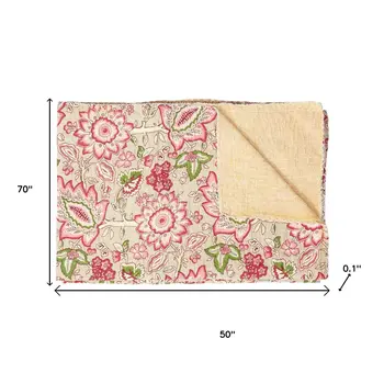 50" X 70" Beige And Pink Floral Cotton Quilted Kantha Throw Blanket with Embroidery