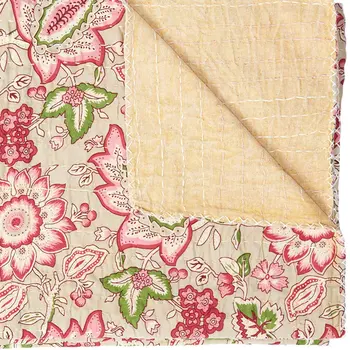50" X 70" Beige And Pink Floral Cotton Quilted Kantha Throw Blanket with Embroidery