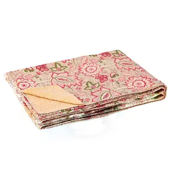 50" X 70" Beige And Pink Floral Cotton Quilted Kantha Throw Blanket with Embroidery