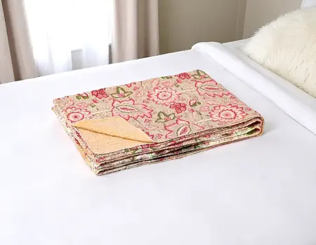 50" X 70" Beige And Pink Floral Cotton Quilted Kantha Throw Blanket with Embroidery