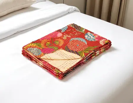 50" X 70" Blue Green And Red Floral Cotton Quilted Kantha Throw Blanket with Embroidery