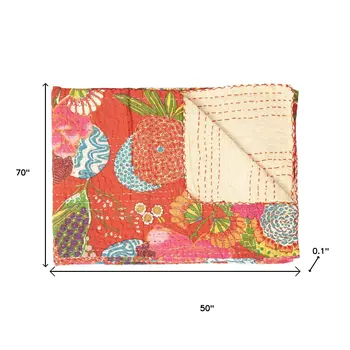 50" X 70" Blue Green And Red Floral Cotton Quilted Kantha Throw Blanket with Embroidery