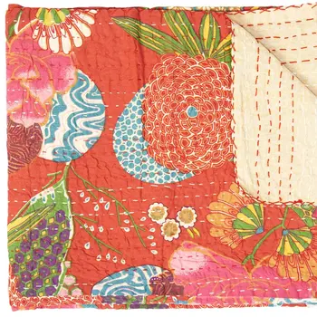 50" X 70" Blue Green And Red Floral Cotton Quilted Kantha Throw Blanket with Embroidery