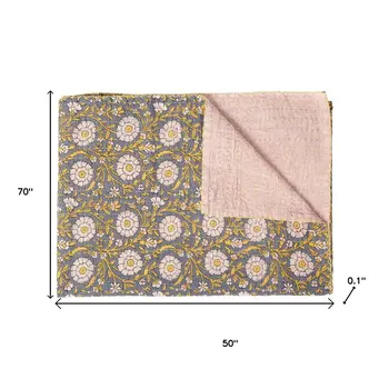 50" X 70" Gray And Yellow Floral Cotton Quilted Kantha Throw Blanket with Embroidery