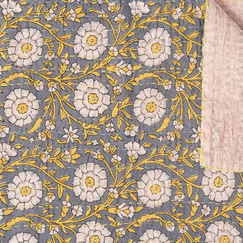 50" X 70" Gray And Yellow Floral Cotton Quilted Kantha Throw Blanket with Embroidery