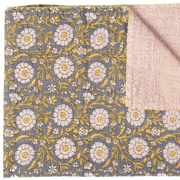 50" X 70" Gray And Yellow Floral Cotton Quilted Kantha Throw Blanket with Embroidery