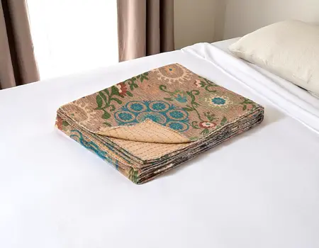 50" X 70" Red And Taupe Floral Cotton Quilted Kantha Throw Blanket with Embroidery