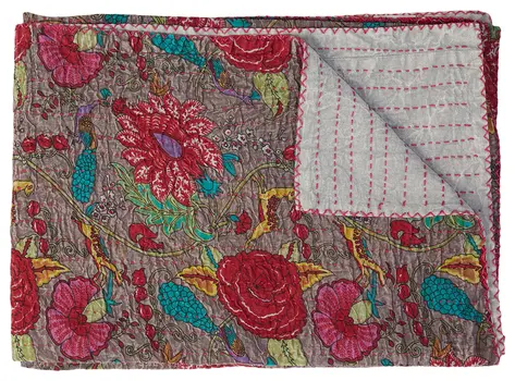 50" X 70" Brown And Red Floral Cotton Quilted Kantha Throw Blanket with Embroidery