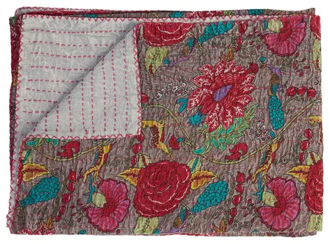 50" X 70" Brown And Red Floral Cotton Quilted Kantha Throw Blanket with Embroidery