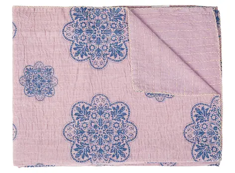 50" X 70" Blue And Pink Floral Cotton Quilted Kantha Throw Blanket with Embroidery